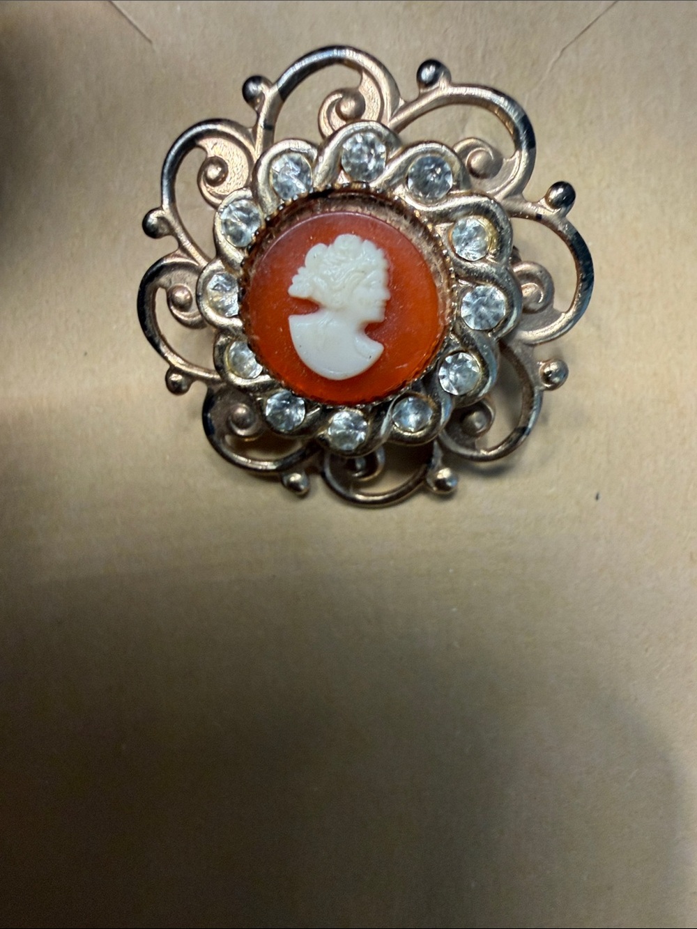 Vintage Style Orange Cameo Brooch with Clear Crystal Accents
